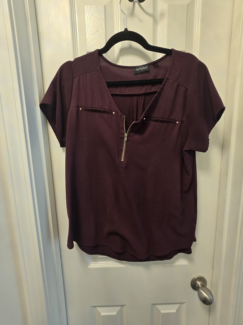 Tempted Deep Plum Zip-Front Short Sleeve Blouse